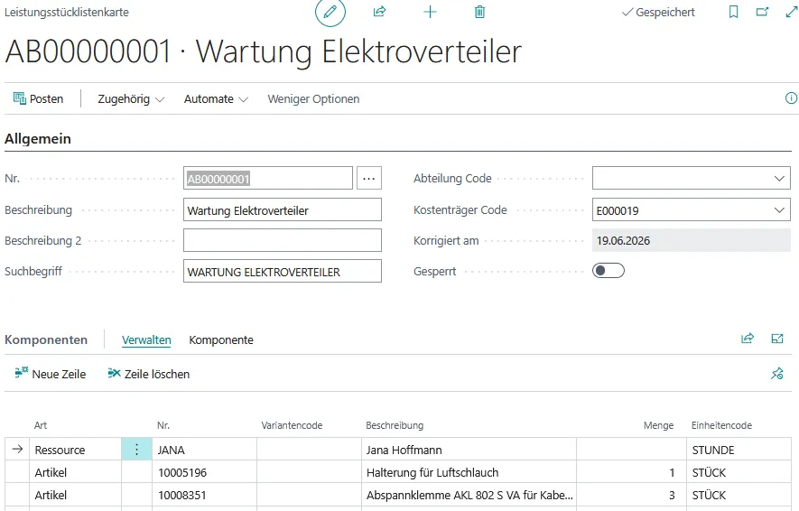 Abbildung: Leistungsstücklistenkarte