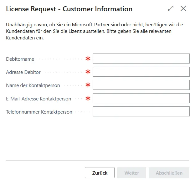 Lizenz beantragen Dialog