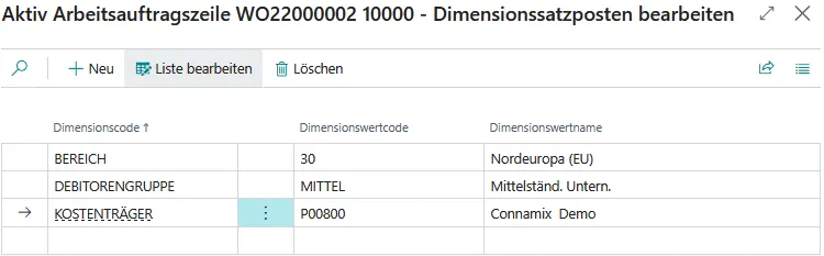 Abbildung: Arbeitsauftragsbelegdimensionen einer Zeile