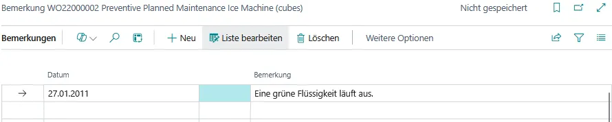Abbildung: Arbeitsauftragsbemerkungszeilen, Eingabeformular