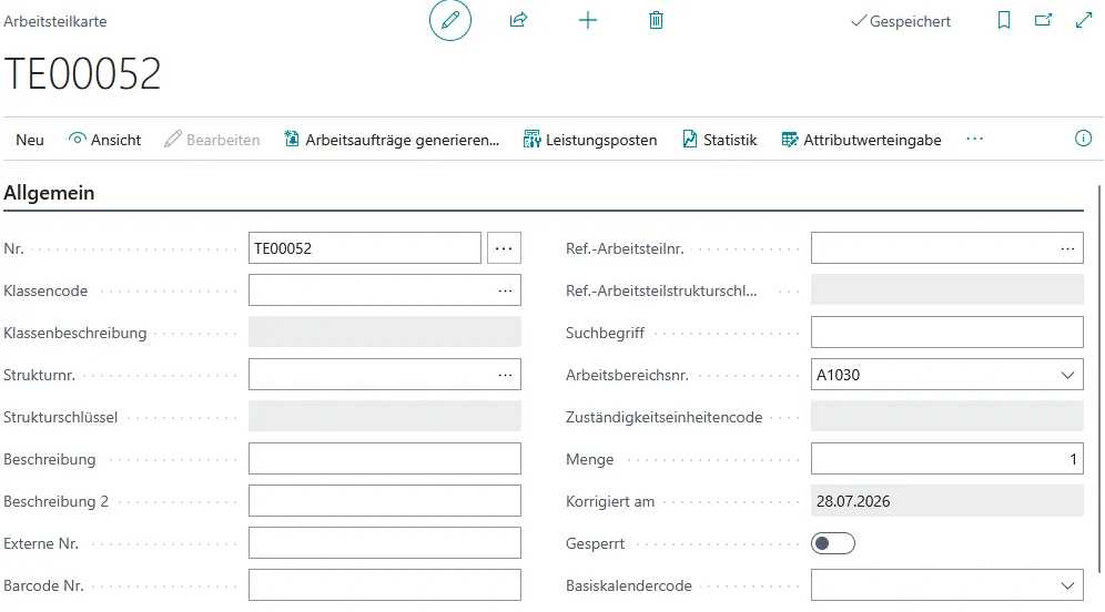 Abbildung: Eingabe eines neuen Arbeitsteils