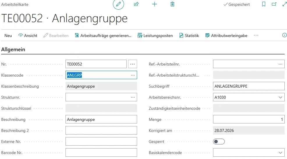 Abbildung: Arbeitsteilkarte nach Eingabe der Klasse