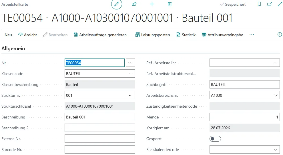 Abbildung: Arbeitsteilkarte des neuen Bauteils