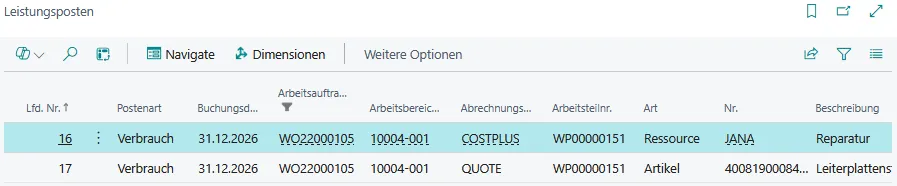 Abbildung: Leistungsposten mit den Verbräuchen
