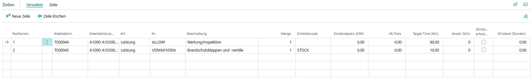 Abbildung: Arbeitsauftragsschritte mit ergänzten Zeiten