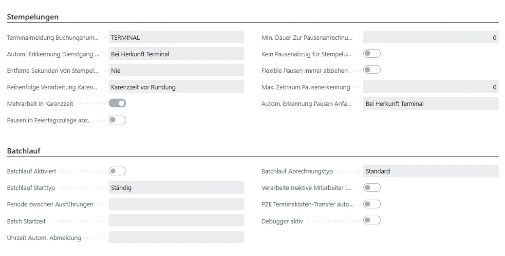 Einrichtung Allgemein, Stempelung und Batchlauf Ansicht Pt. 2