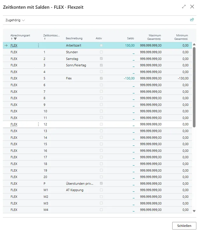 Zeitkonten mit Salden Ansicht