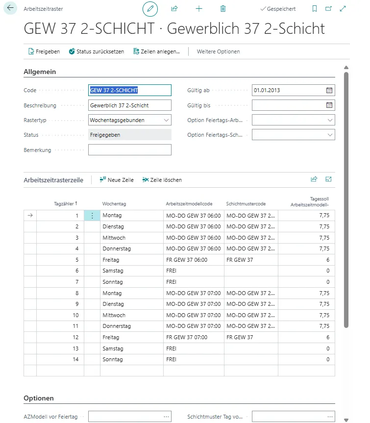 Arbeitszeitraster Ansicht