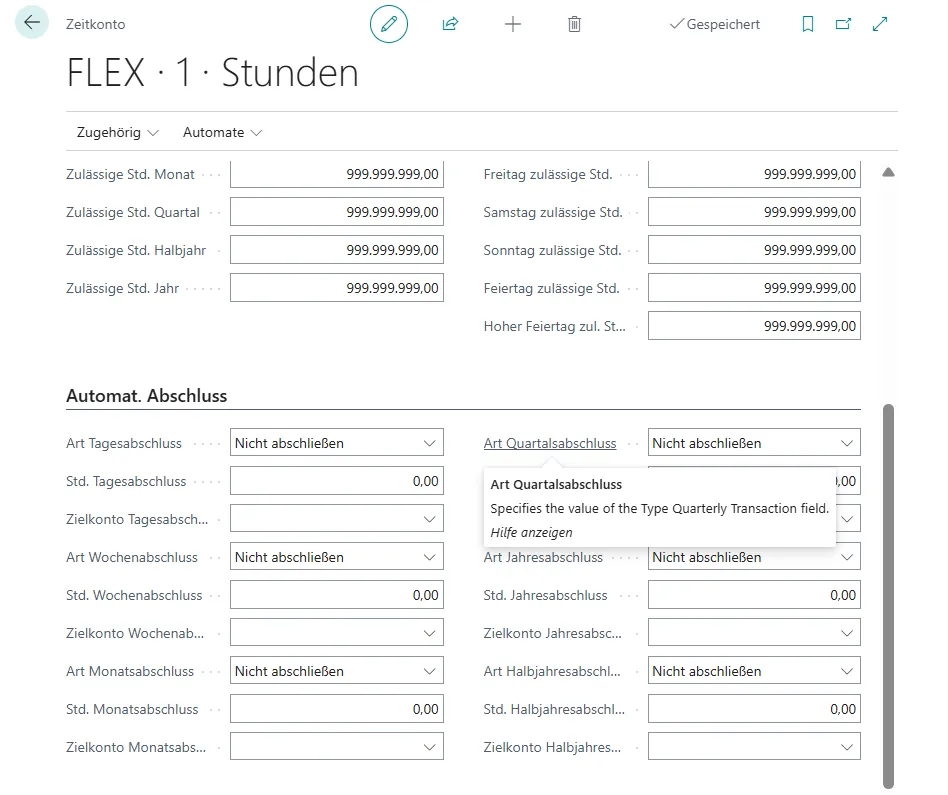 Zeitkonto Karte Optionen Automat. Abschluss Ansicht