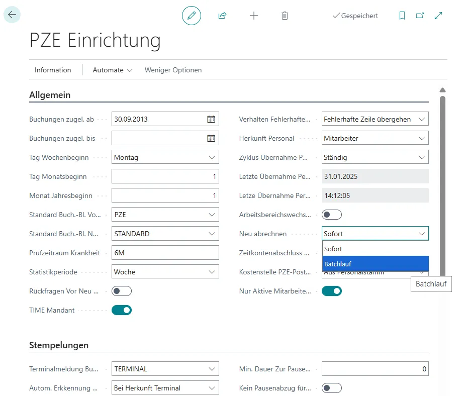 Einrichtung PZE Batchlauf hinterlegen Ansicht