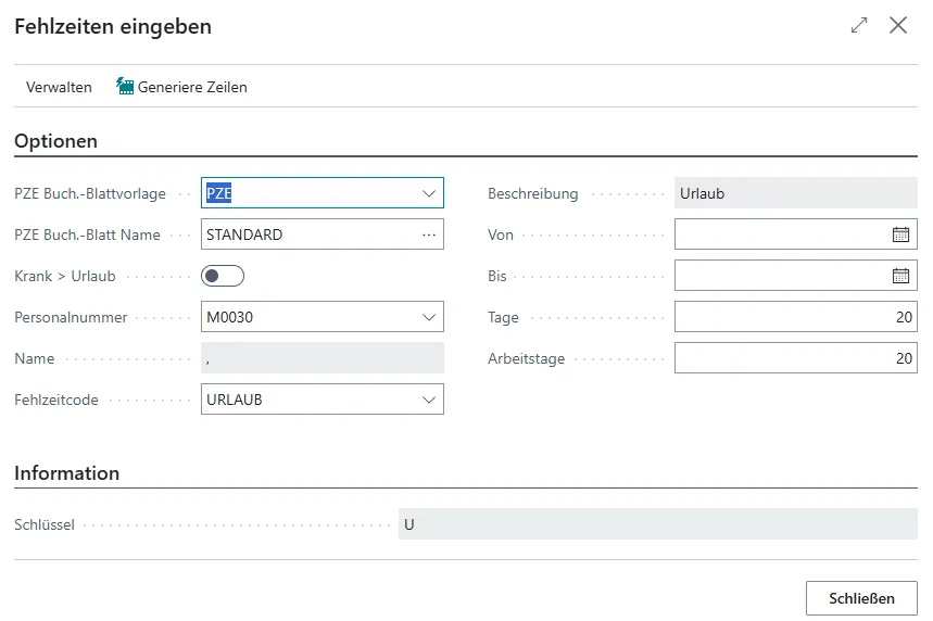 Fehlzeiten eingeben Ansicht