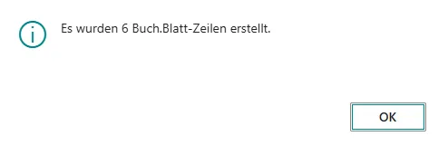 Bestätigung der Erstellung der PZE Buchblattzeilen Dialog