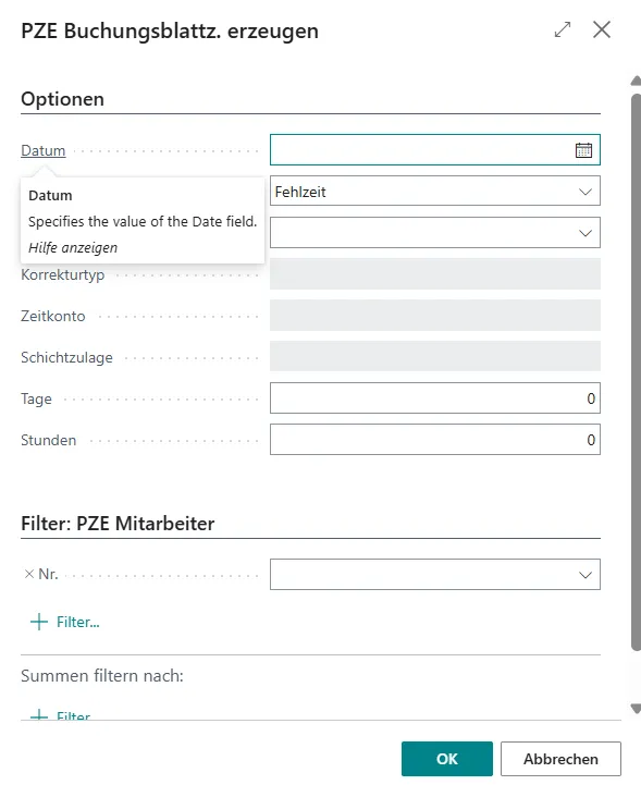 PZE Buchungsblattzeilen erzeugen Ansicht