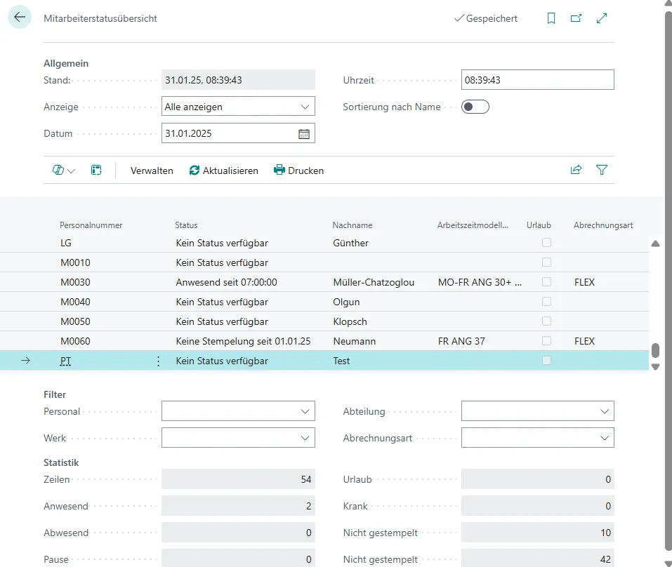 Mitarbeiter Statusübersicht Ansicht