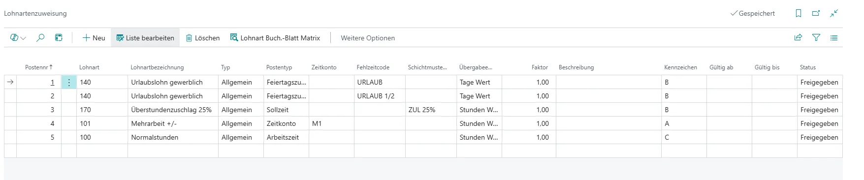 PZE Lohnartenzuweisung Ansicht