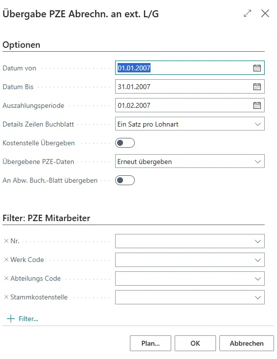 Übergabe Report Übergabe PZE Abrechn. An ext. L/G Ansicht
